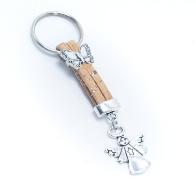 colored cork cord and Angel pendant handmade cork keychain  I-06-MIX-10