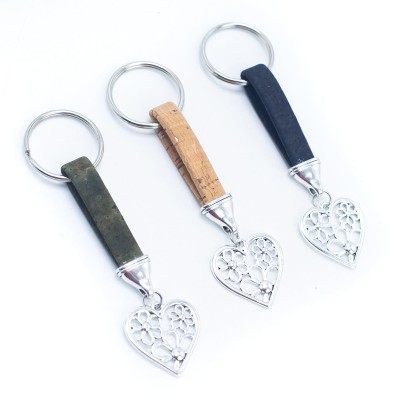 colored cork cord and heart pendant handmade cork keychain  I-012-MIX-10