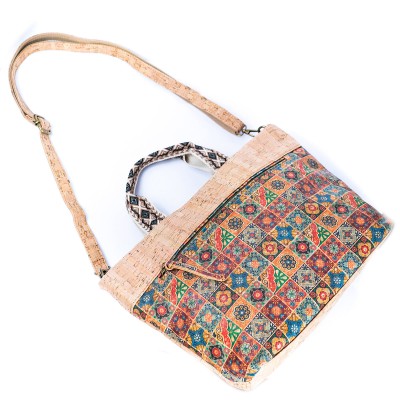 Natural Cork Tote with Printed Design and Cotton Woven Handles BAGF-087