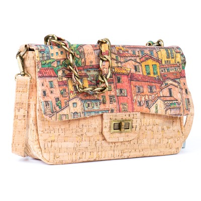 Women's Cork Shoulder Bag with Chain Accent and Button Closure BAGD-560