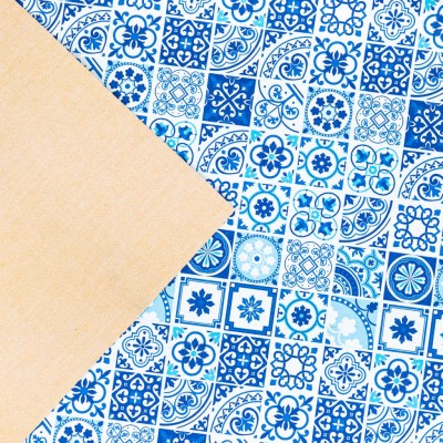 High-Quality Printed Cork Fabric with Blue Portuguese Tile Pattern COF-567