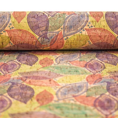 Cork fabric Purple and green leaves pattern COF-282