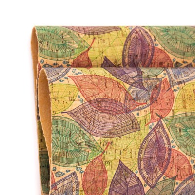 Cork fabric Purple and green leaves pattern COF-282