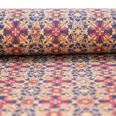 Red geometric flower pattern natural cork fabric COF-411