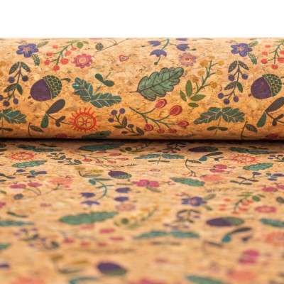 Cute bird, hazelnut and green leaves pattern Cork fabric COF-382