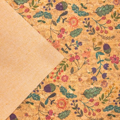 Cute bird, hazelnut and green leaves pattern Cork fabric COF-382