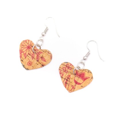 Natural cork fabric heart Shapes for Earrings, Original handmade ladies earrings-ER-072-G