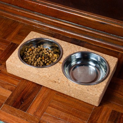 Cork Base and Stainless Steel Double Bowl Pet Food Dish L-925