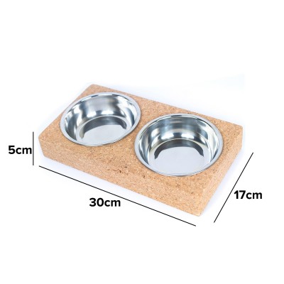 Cork Base and Stainless Steel Double Bowl Pet Food Dish L-925