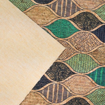 Natural Cork Fabric with Green Wave Pattern COF-427-B