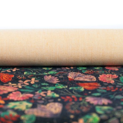 Naturally Cork Fabric with Butterfly and Floral Patterns on Black Background COF-313-A